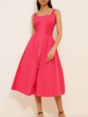 Square-Neck Midi Dress in Hot Pink with Front Zip